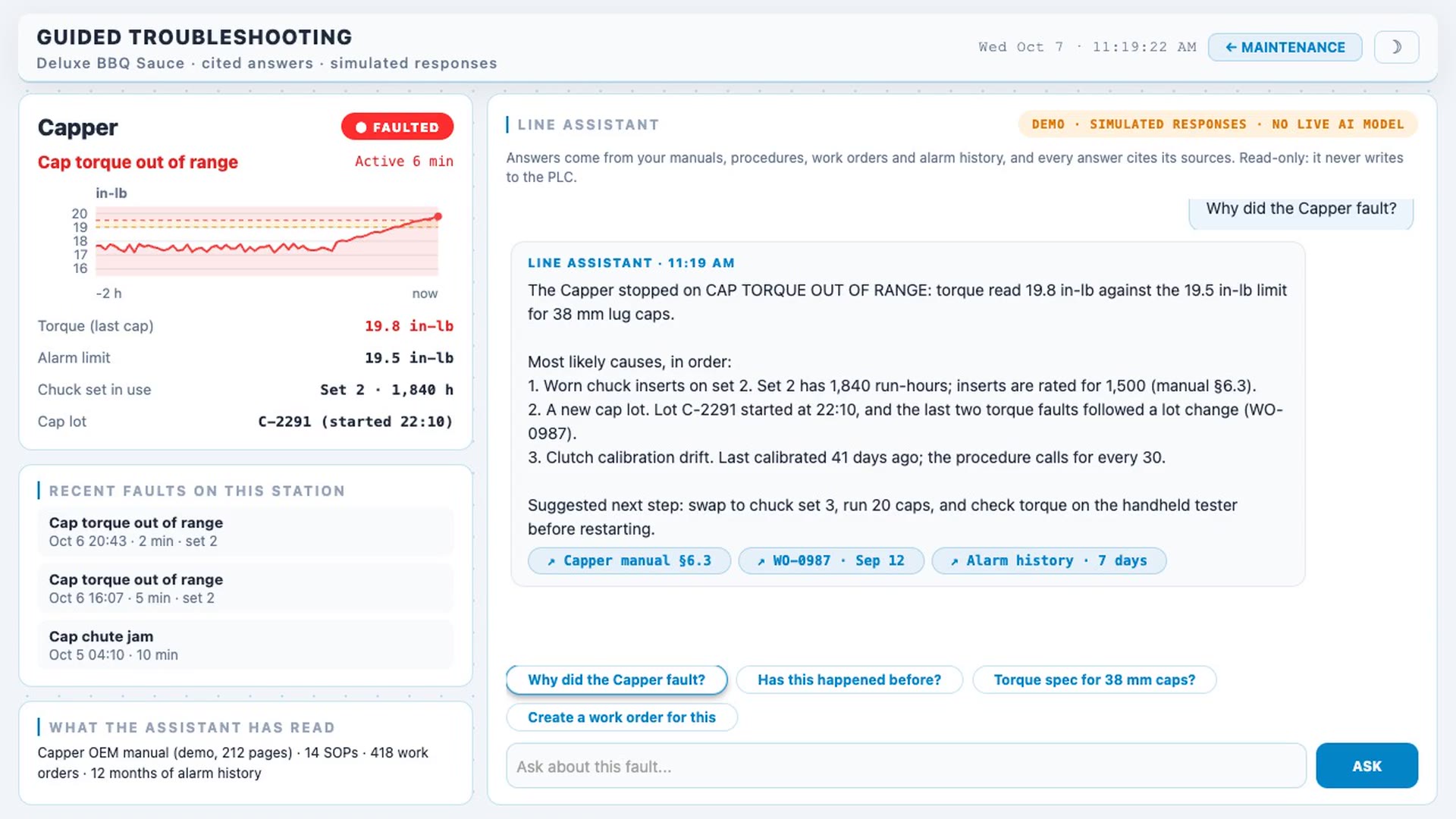 Guided troubleshooting assistant demo screen