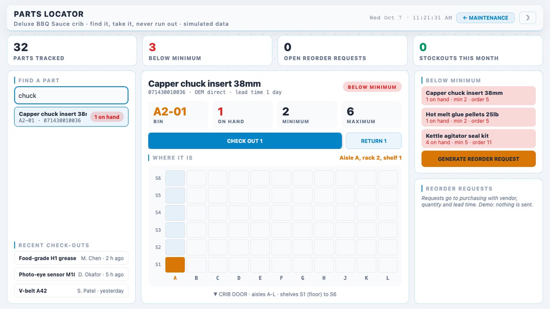 Parts locator and reorder demo screen